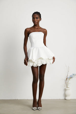 Aurohaya Maëlys white petal-layered strapless corset mini dress
