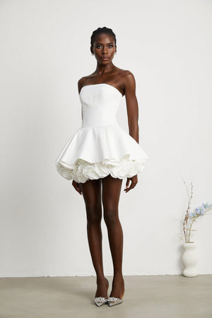 Aurohaya Maëlys white petal-layered strapless corset mini dress