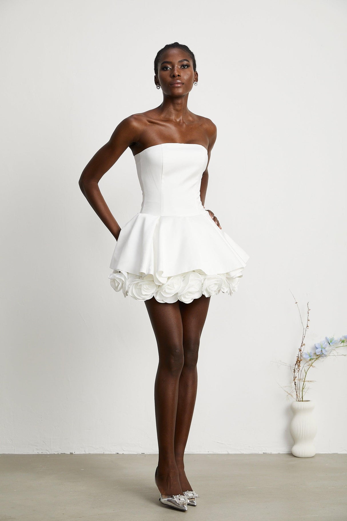 Aurohaya Maëlys white petal-layered strapless corset mini dress