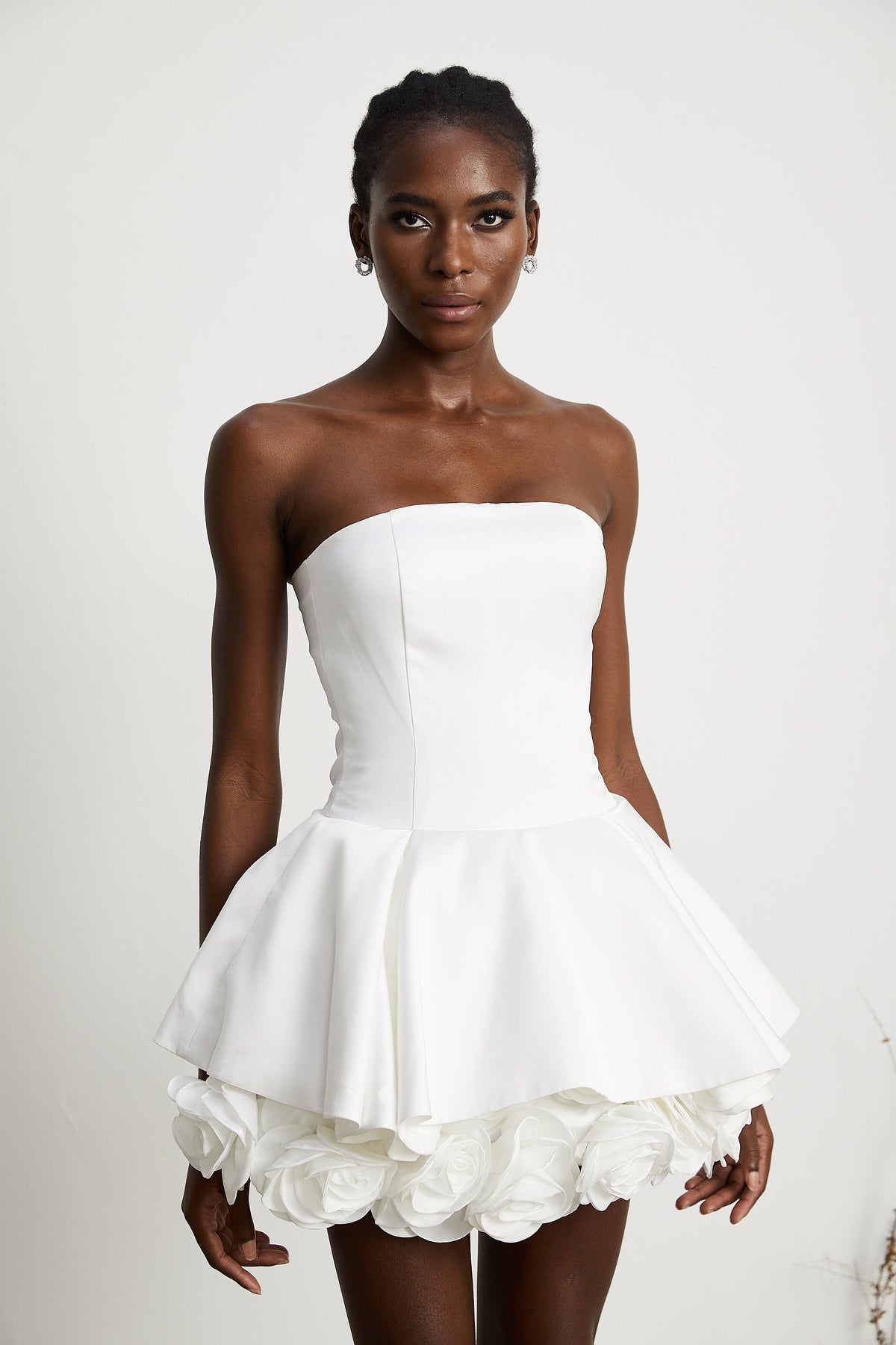 Maëlys white petal-layered strapless corset mini dress