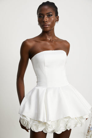 Aurohaya Maëlys white petal-layered strapless corset mini dress