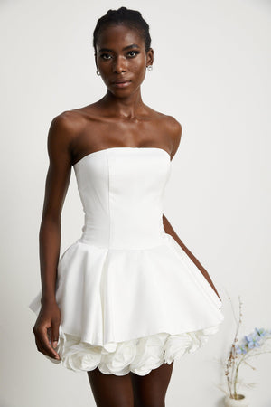 Aurohaya Maëlys white petal-layered strapless corset mini dress