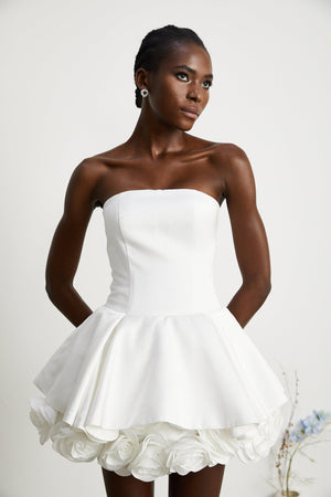 Aurohaya Maëlys white petal-layered strapless corset mini dress
