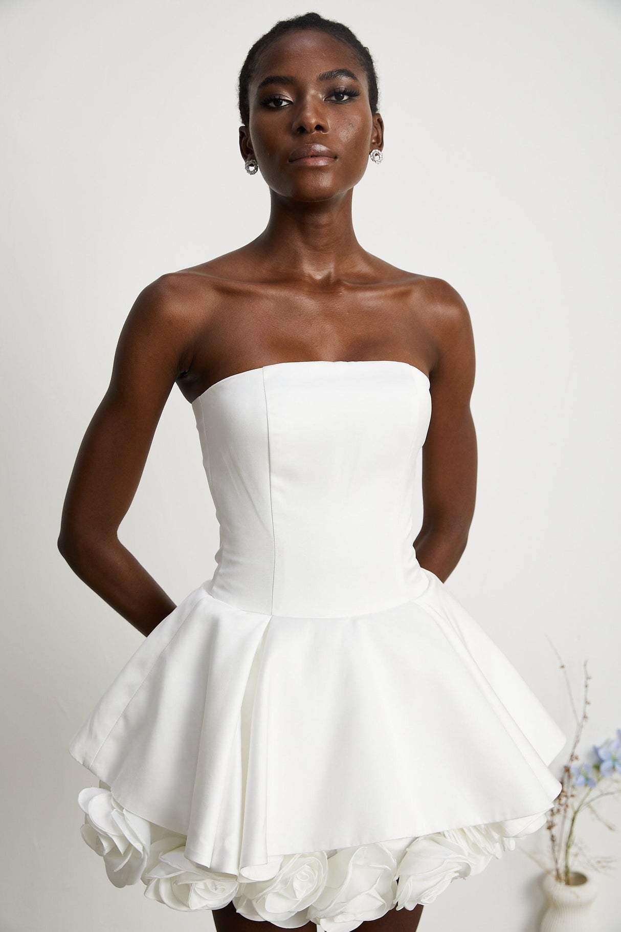 Aurohaya Maëlys white petal-layered strapless corset mini dress