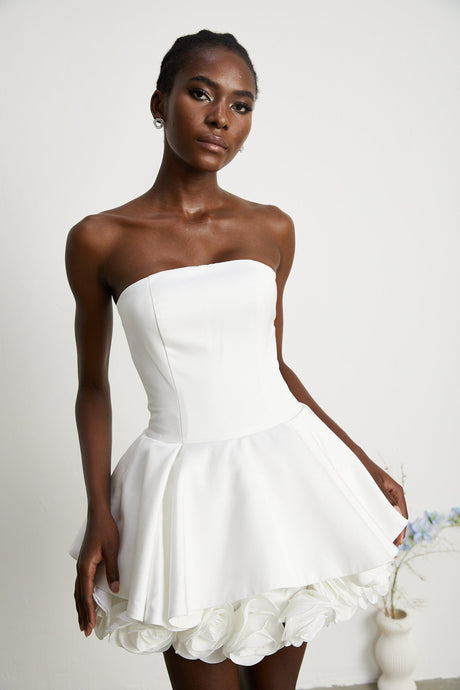 Aurohaya Maëlys white petal-layered strapless corset mini dress