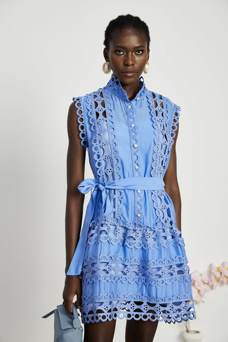 Aurohaya Mireille Blue Cut-out Belted Mini Dress
