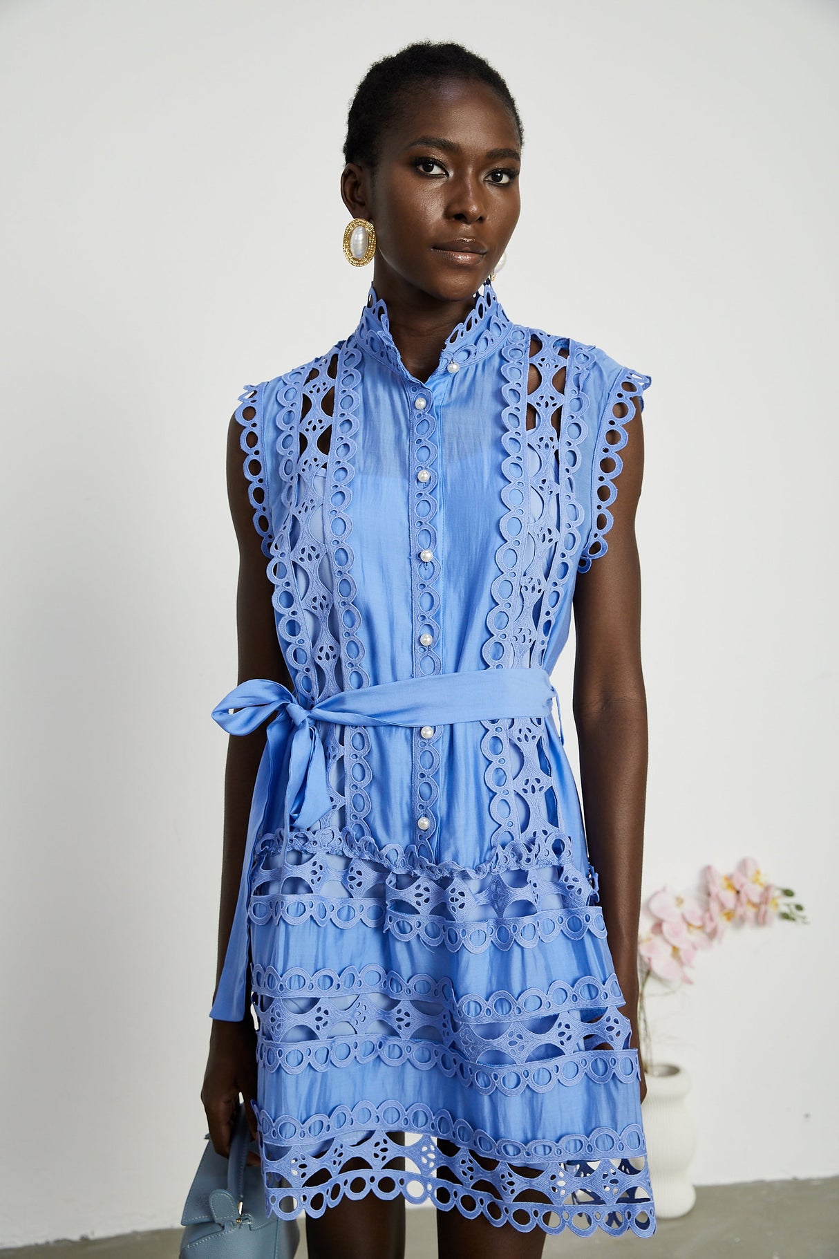 Aurohaya Mireille Blue Cut-out Belted Mini Dress