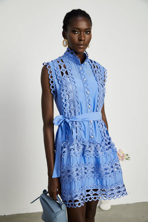 Aurohaya Mireille Blue Cut-out Belted Mini Dress