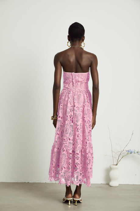 Aurohaya Inès lace floral embroidered cut-out midi dress in Pink
