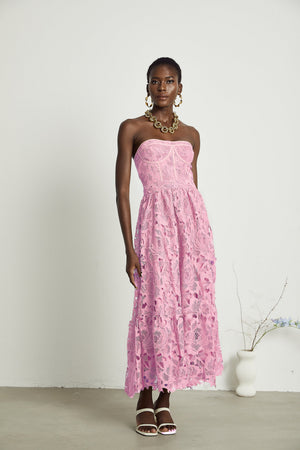 Aurohaya Inès lace floral embroidered cut-out midi dress in Pink