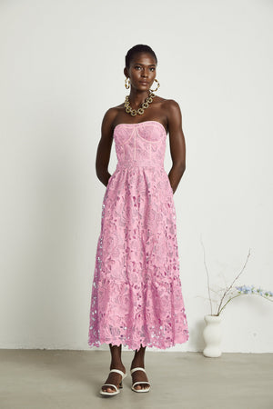 Aurohaya Inès lace floral embroidered cut-out midi dress in Pink