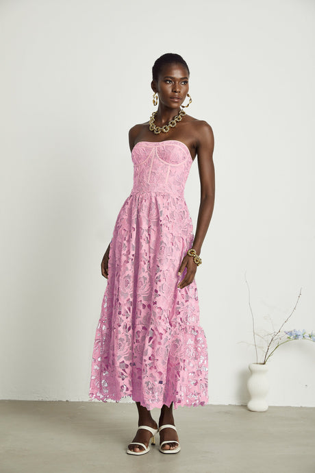 Aurohaya Inès lace floral embroidered cut-out midi dress in Pink