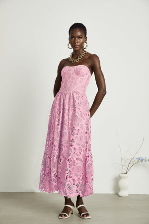 Aurohaya Inès lace floral embroidered cut-out midi dress in Pink