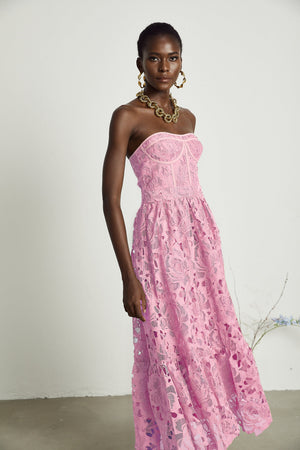 Aurohaya Inès lace floral embroidered cut-out midi dress in Pink