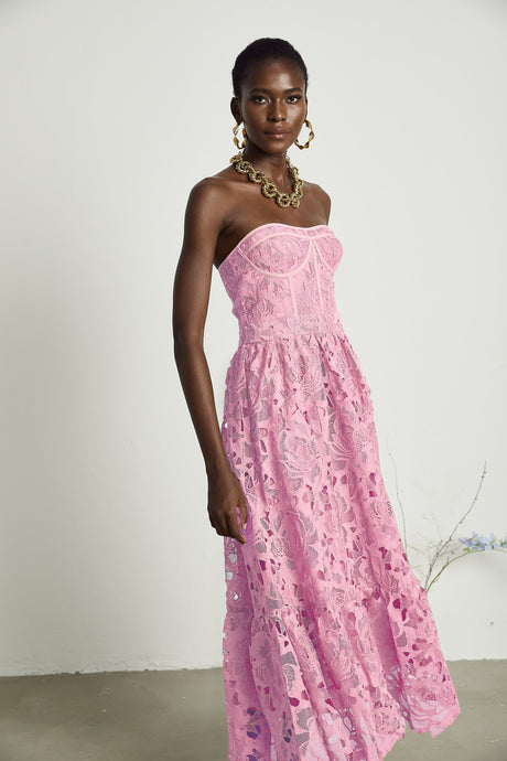 Aurohaya Inès lace floral embroidered cut-out midi dress in Pink