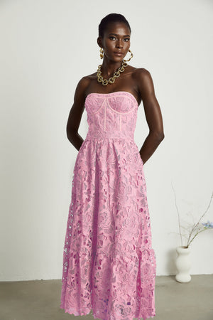 Aurohaya Inès lace floral embroidered cut-out midi dress in Pink