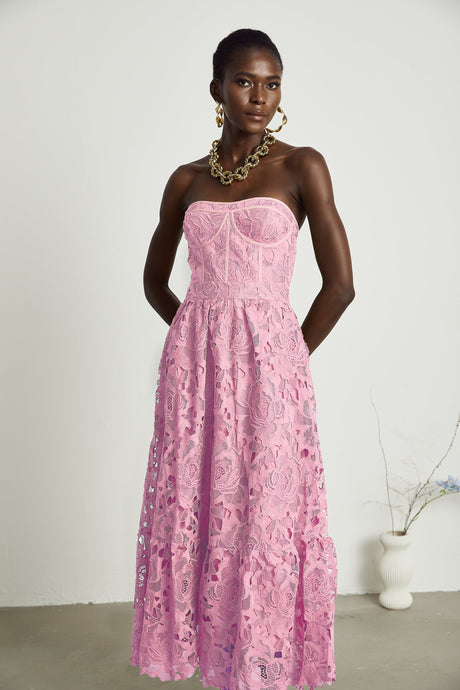 Aurohaya Inès lace floral embroidered cut-out midi dress in Pink