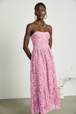 Aurohaya Inès lace floral embroidered cut-out midi dress in Pink