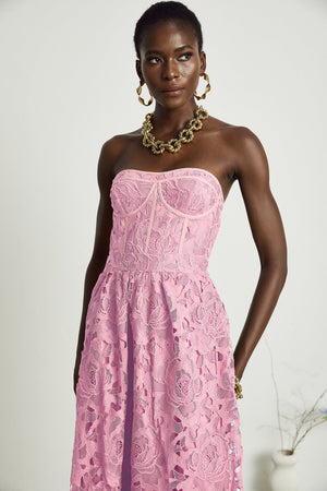 Aurohaya Inès lace floral embroidered cut-out midi dress in Pink