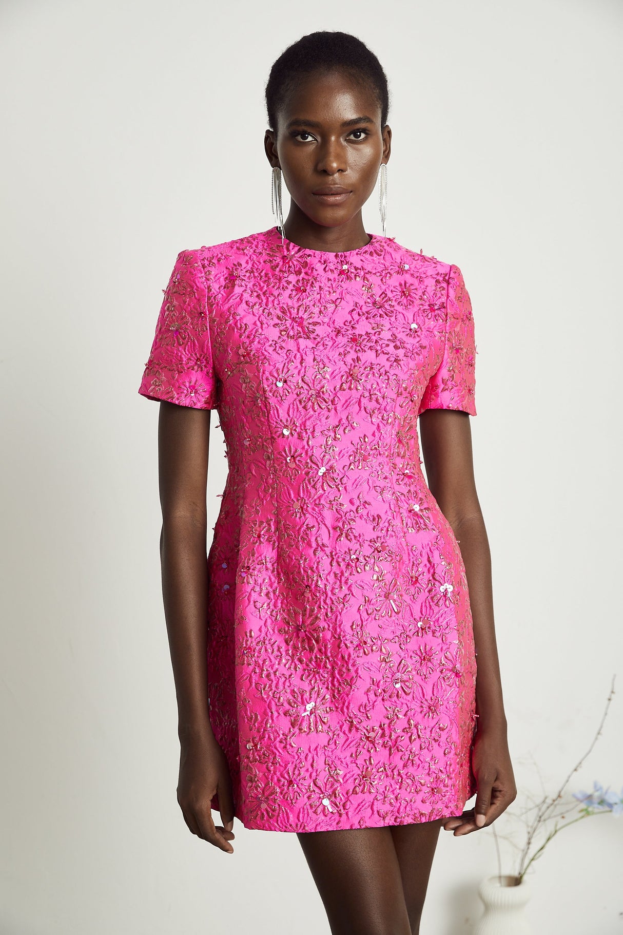 Aurohaya Celestia Floral-Appliqué Embellished Mini Dress in Pink