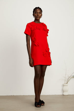 Aurohaya Calista red floral-detail short-sleeve mini dress