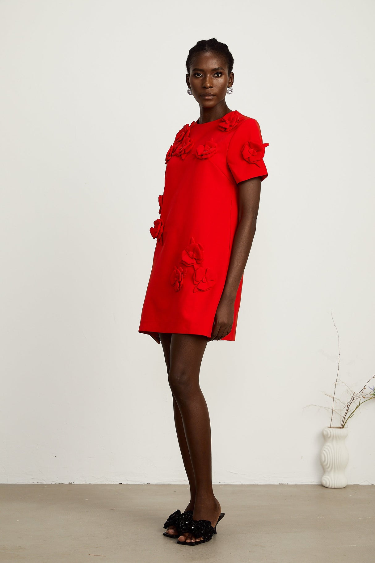 Aurohaya Calista red floral-detail short-sleeve mini dress