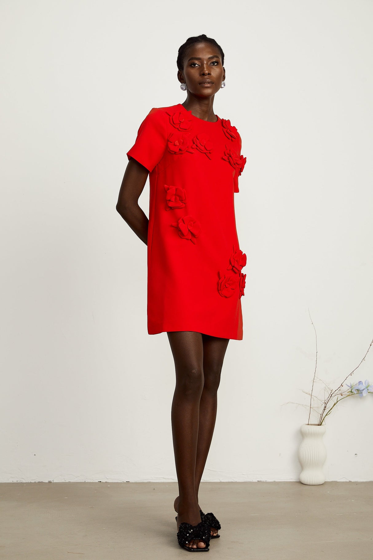 Aurohaya Calista red floral-detail short-sleeve mini dress