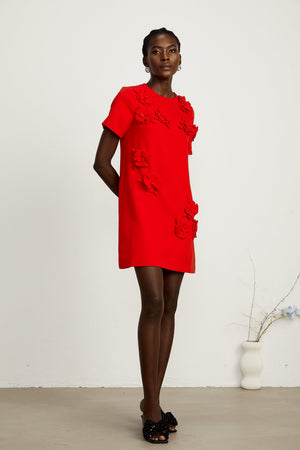 Aurohaya Calista red floral-detail short-sleeve mini dress