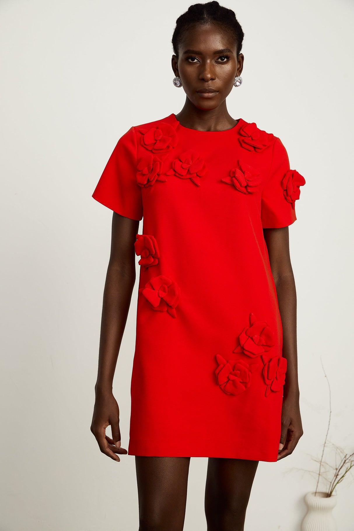 Aurohaya Calista red floral-detail short-sleeve mini dress