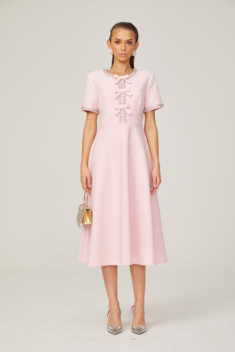 Aurohaya Cassi crystal-accented pink bow midi dress