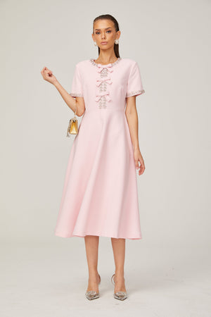 Aurohaya Cassi crystal-accented pink bow midi dress
