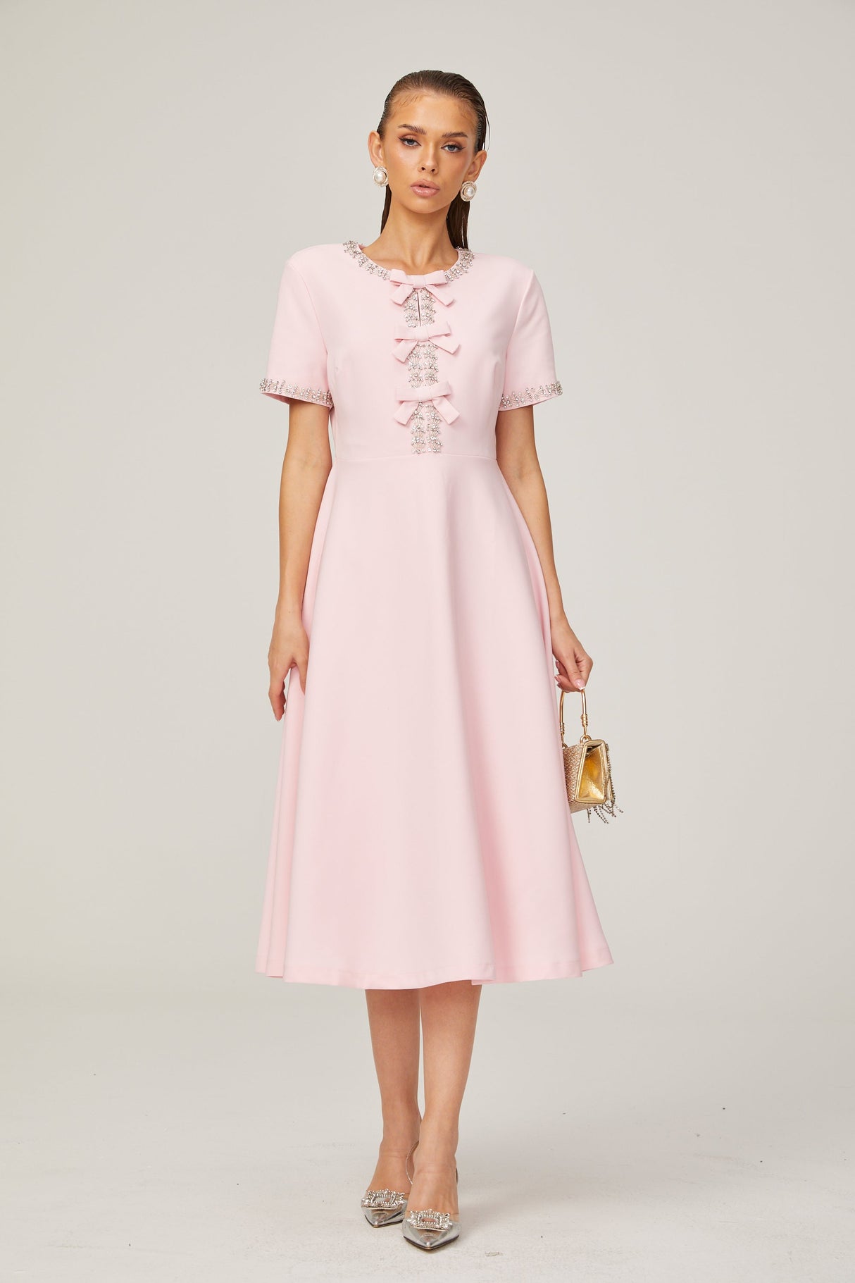 Aurohaya Cassi crystal-accented pink bow midi dress