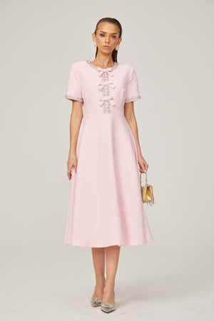 Aurohaya Cassi crystal-accented pink bow midi dress