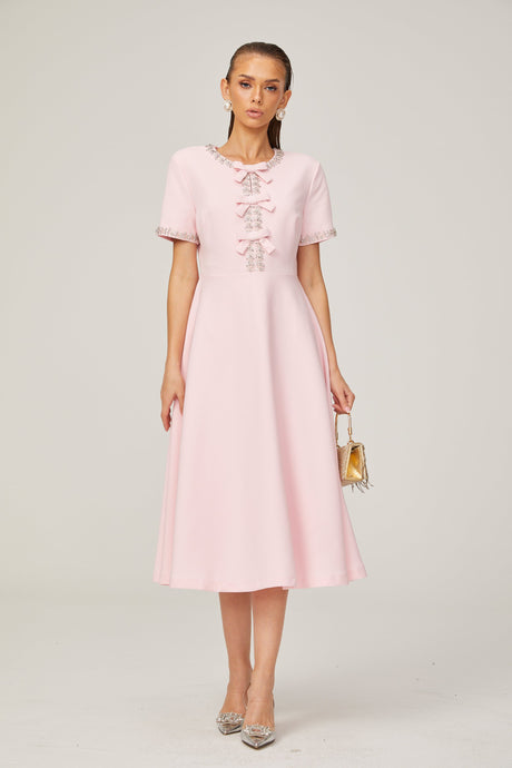 Aurohaya Cassi crystal-accented pink bow midi dress