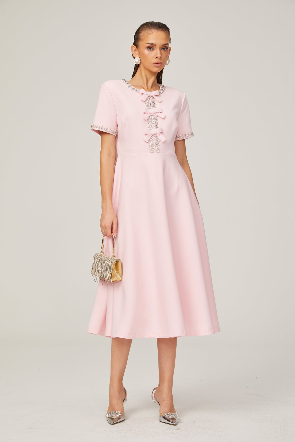 Aurohaya Cassi crystal-accented pink bow midi dress