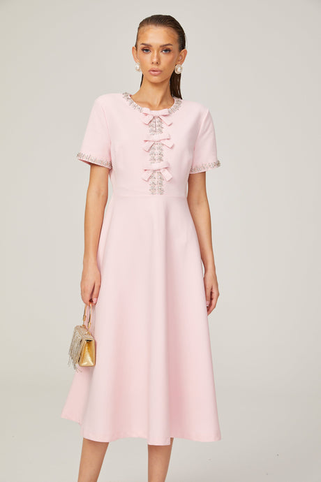 Aurohaya Cassi crystal-accented pink bow midi dress