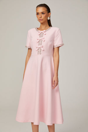 Aurohaya Cassi crystal-accented pink bow midi dress