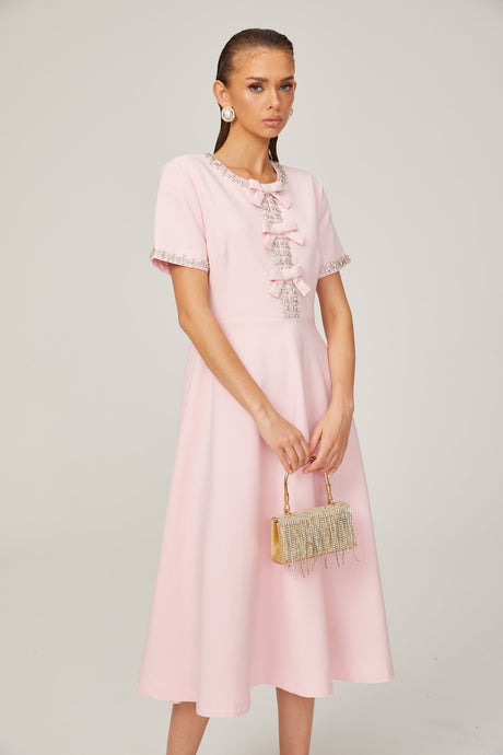 Aurohaya Cassi crystal-accented pink bow midi dress
