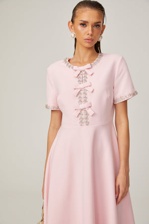 Aurohaya Cassi crystal-accented pink bow midi dress