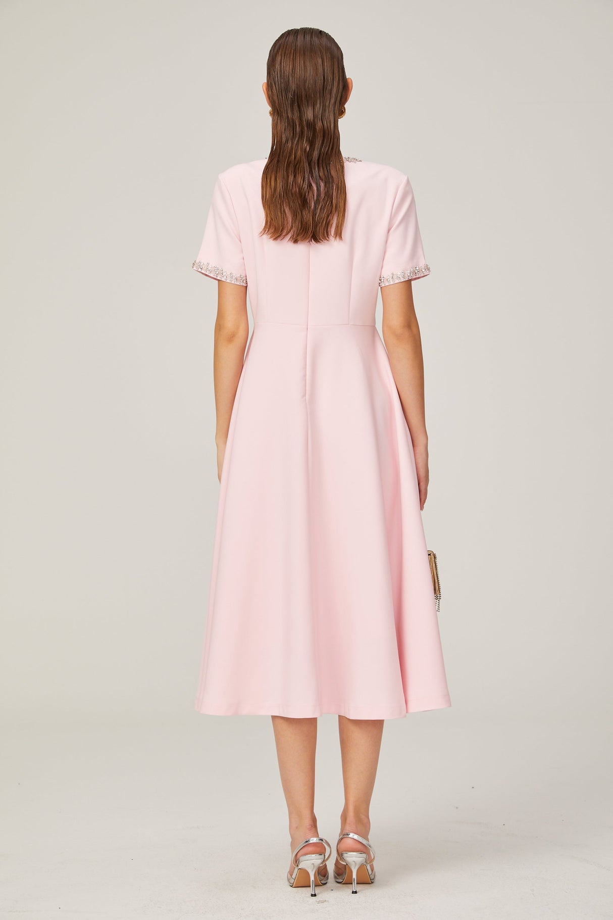 Aurohaya Cassi crystal-accented pink bow midi dress