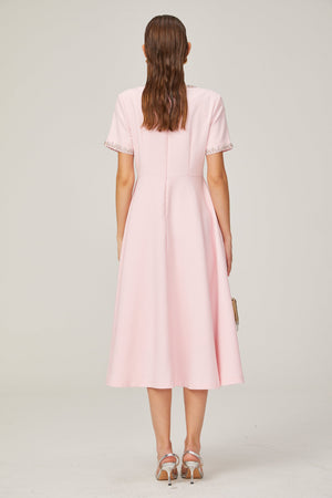 Aurohaya Cassi crystal-accented pink bow midi dress