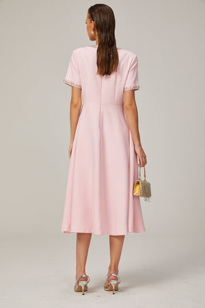 Aurohaya Cassi crystal-accented pink bow midi dress