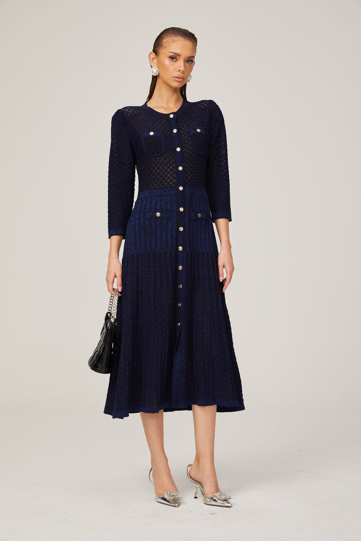 Aurohaya Élodie knitted long-sleeve midi dress in Blue