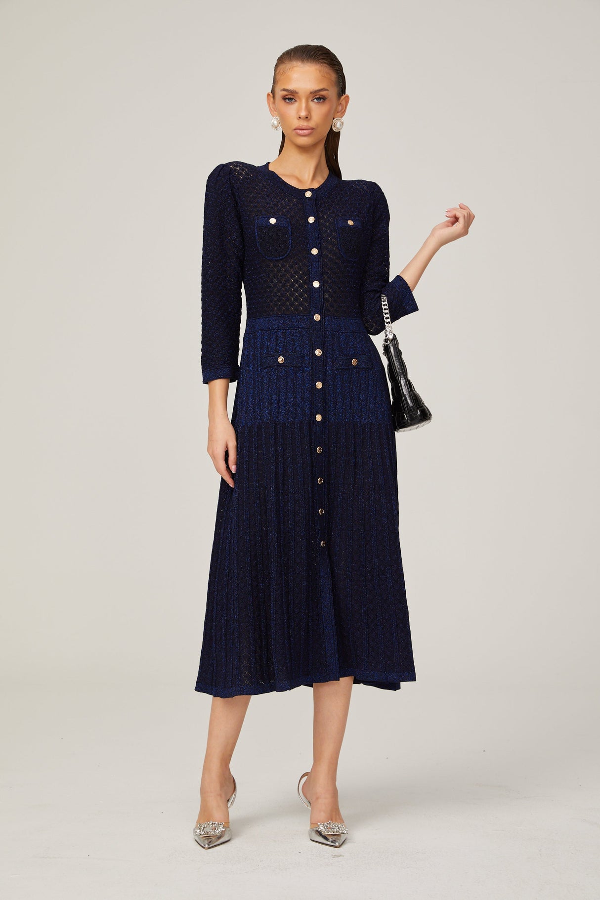 Aurohaya Élodie knitted long-sleeve midi dress in Blue