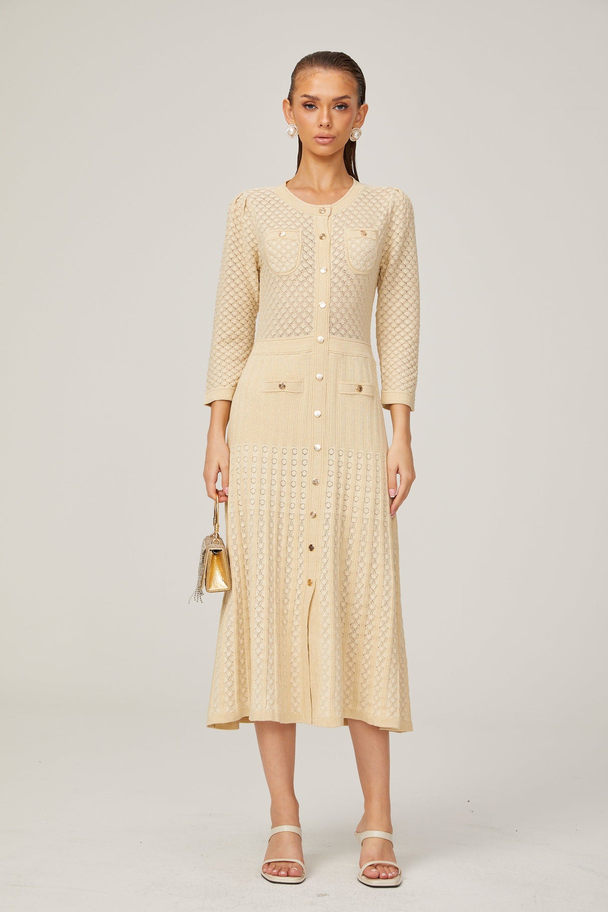 Aurohaya Élodie knitted long-sleeve midi dress in Neutrals