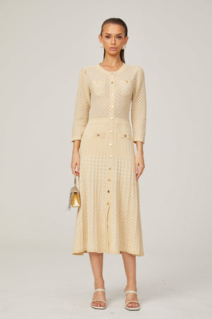 Aurohaya Élodie knitted long-sleeve midi dress in Neutrals