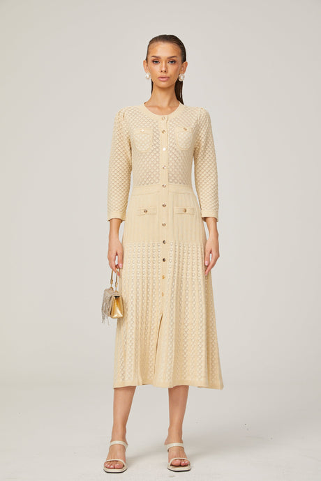 Aurohaya Élodie knitted long-sleeve midi dress in Neutrals