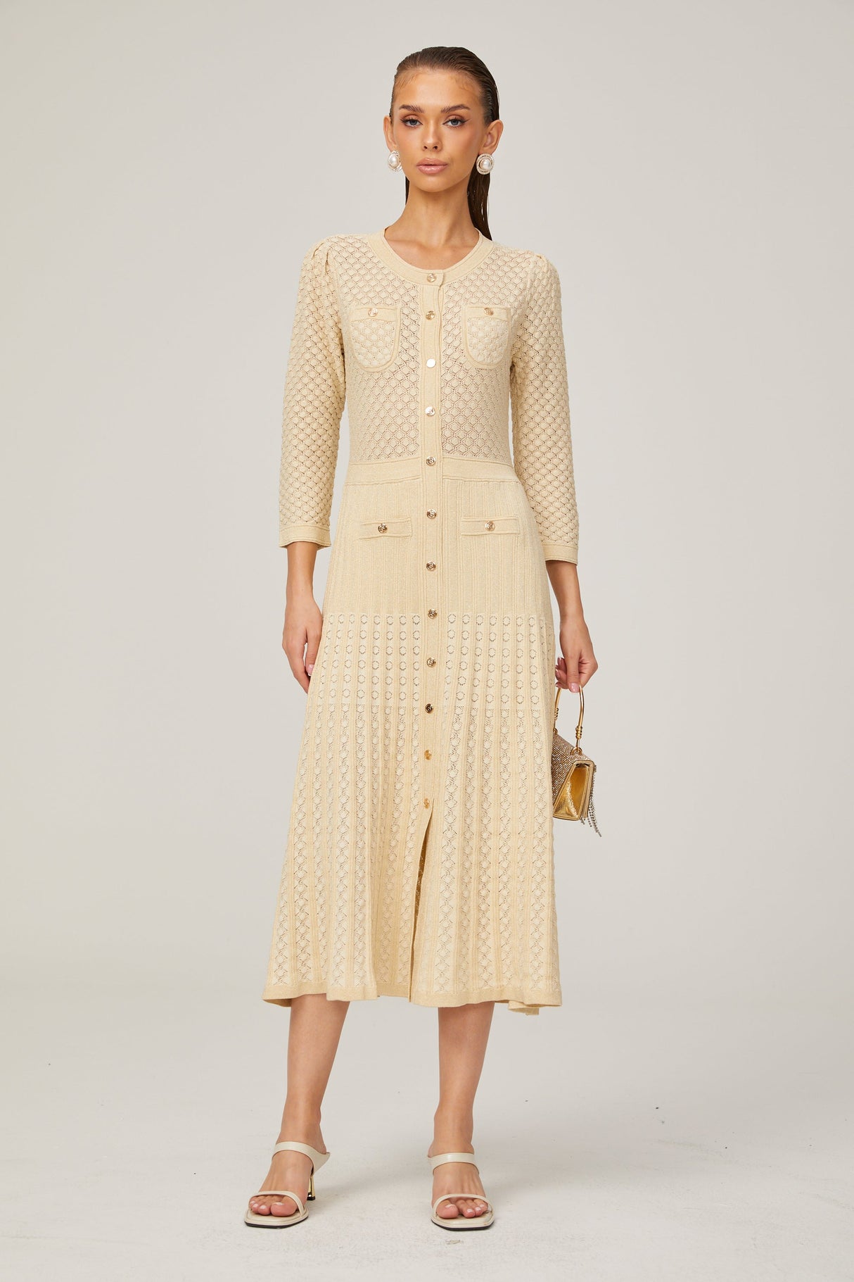 Aurohaya Élodie knitted long-sleeve midi dress in Neutrals