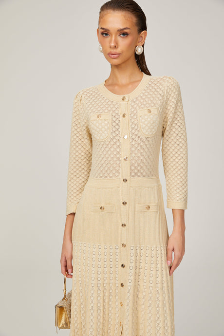 Aurohaya Élodie knitted long-sleeve midi dress in Neutrals