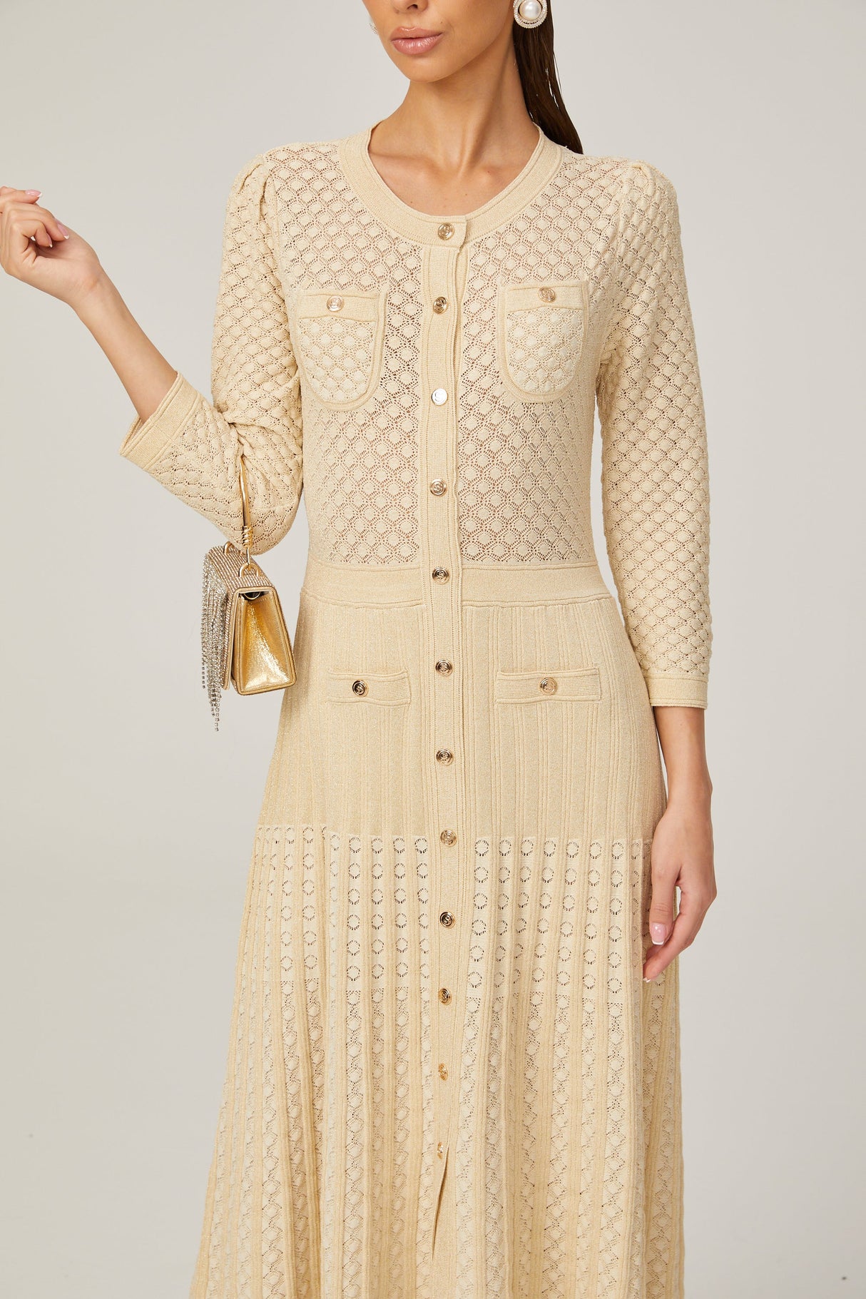 Aurohaya Élodie knitted long-sleeve midi dress in Neutrals